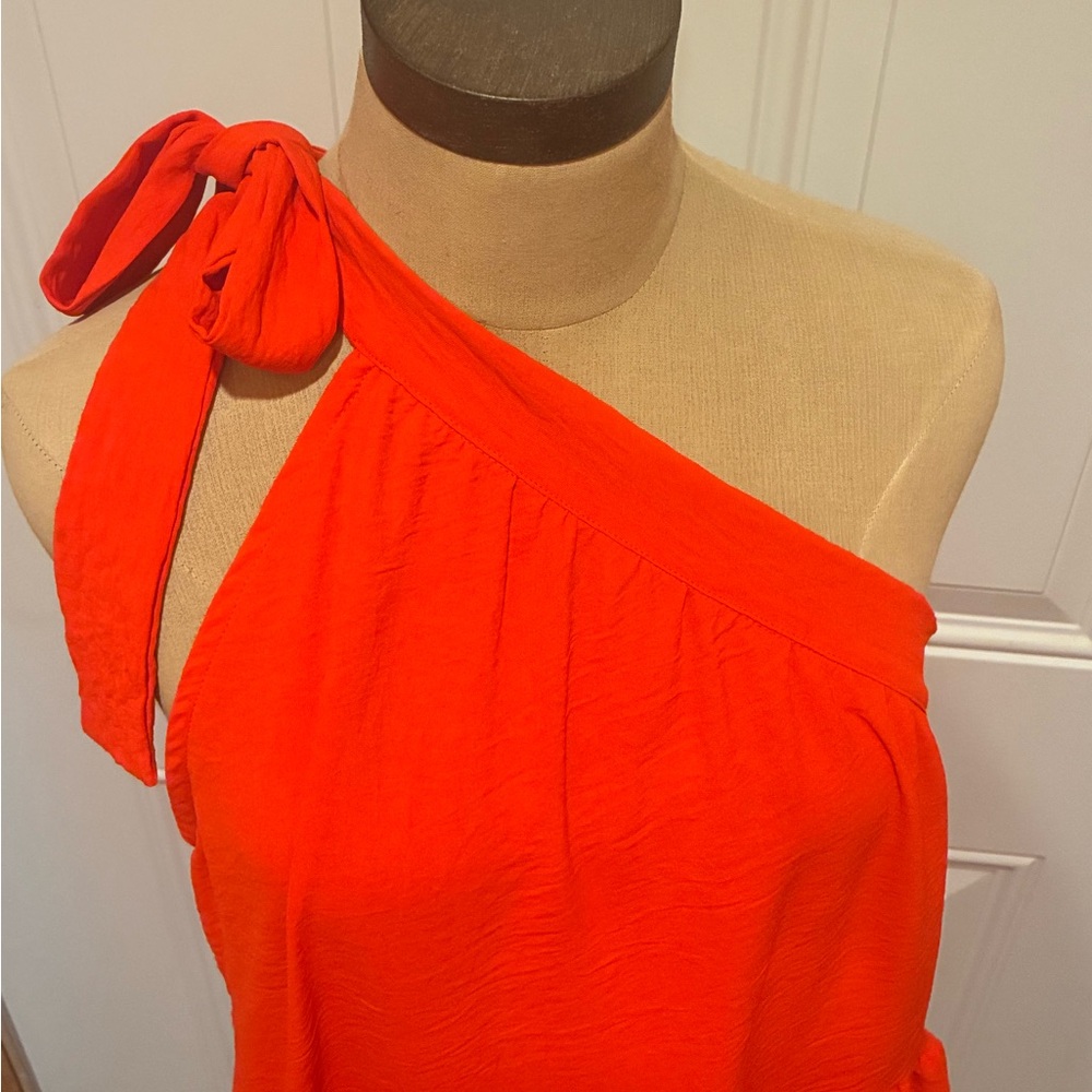 One-Shoulder Tie-Strap Top in a beautiful hot coral color!
